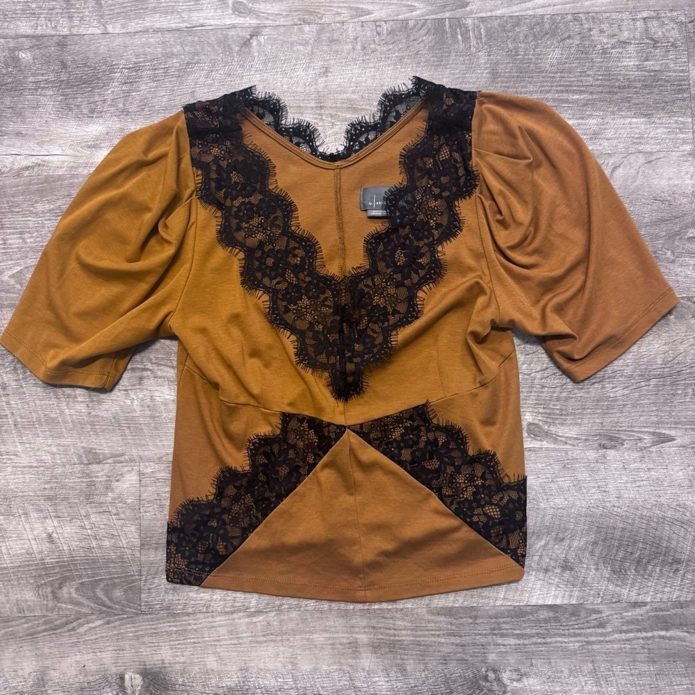Anthropologie Black Lace Trimmed Gold Colored Short Sleeve Top Womens Sz. S